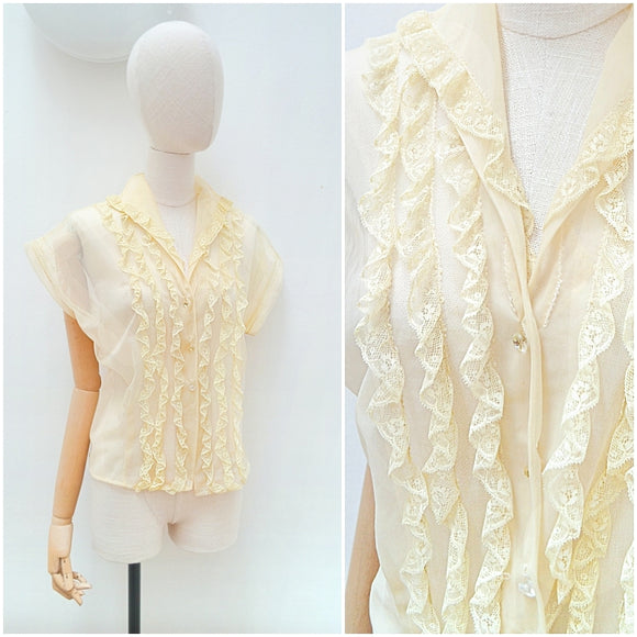 1950s Sheer cream nylon lace evening blouse - Large