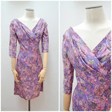 1950s Purple pink printed silk wrap bodice evening dress