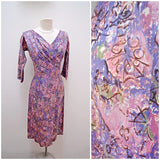 1950s Purple pink printed silk wrap bodice evening dress