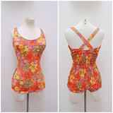 1950s 60s Painterly printed floral cotton swimsuit - Extra small Small