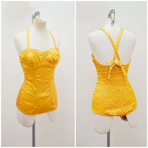 1940s Gold satin halterneck shirred swimsuit - Extra Small Small