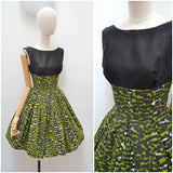 1950s 60s Green & black cotton printed dress - Extra small
