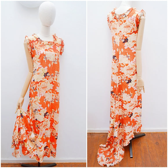 1940s Hawaiian holoku rose print cotton dress with ruffle train - Small