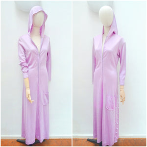 1970s Slinky lilac hooded maxi lounge dres - Small