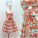 1950s Horrockses bow waist orange floral dress - Extra X small