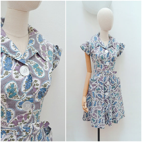 1940s 50s Cotton fruit print summer dress - Extra small