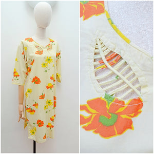 1960s Open applique neck cotton coverup dress - Large extra large