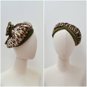 1950s Leopard print & green velvet slouch tam hat