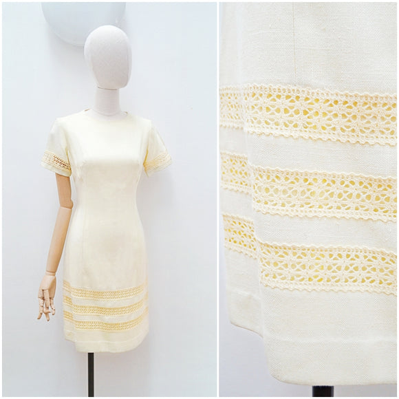 1960s Cream linen & crochet day dress - Small
