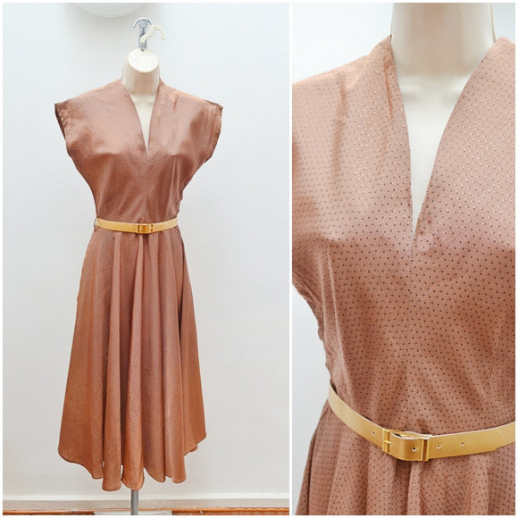 1940s Mocha brown spotted taffeta evening dress - Extra small