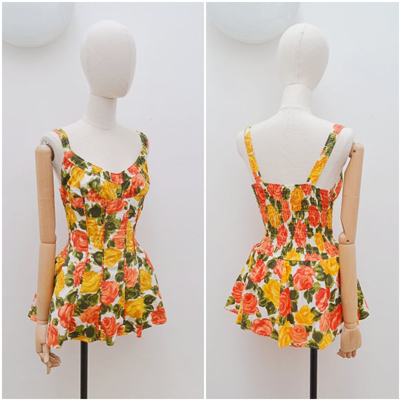 1950s Orange yellow rose print cotton swimsuit - Extra small Small