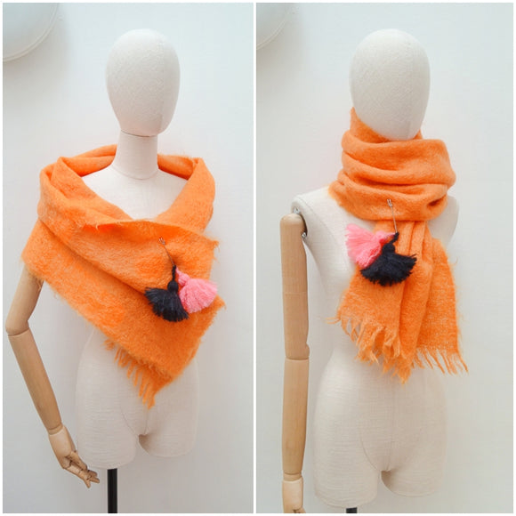 Mosy & Co. Orange mohair scarf with handmade tassel pin