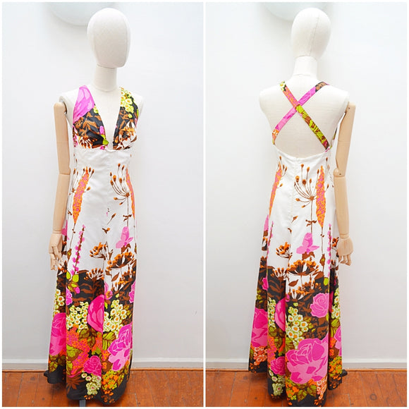 1970s O ring plunge neck graphic floral border print maxi dress - Small