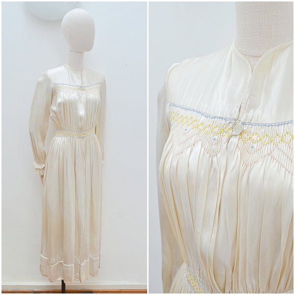 reserved 1930s Ivory silk satin peignoir with pastel smocking - Extra small Small