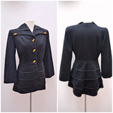 1940s Black cashmere tiered peplum jacket with Bakelite buttons