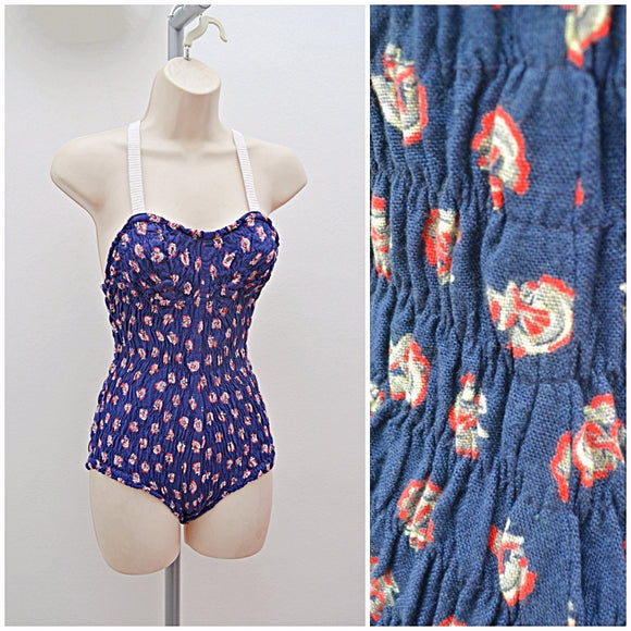 1940s Anchor print shirred Peter Pan swimsuit