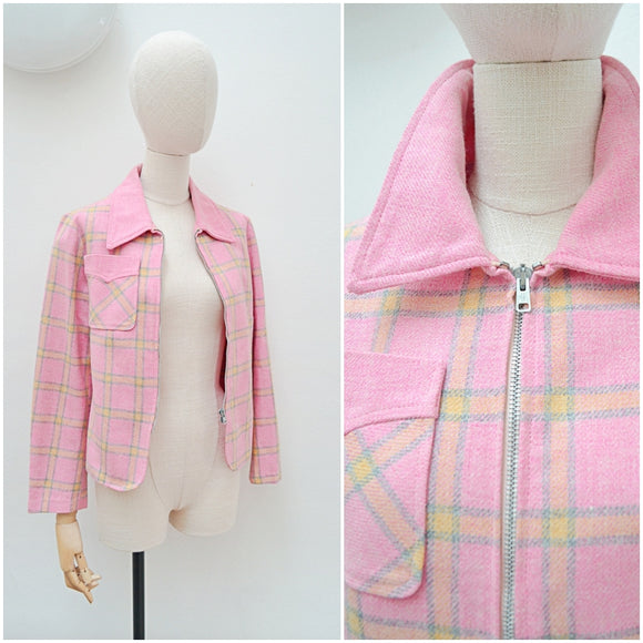 1970s Pink check Emcar wool mix zip front jacket - Small Medium
