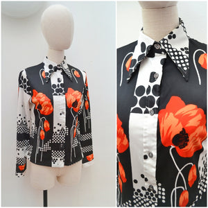 1970s Poppy print geometric blouse - Small Medium