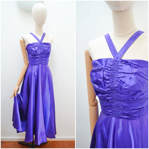 1940s Purple satin ruched bodice evening dress - Extra small