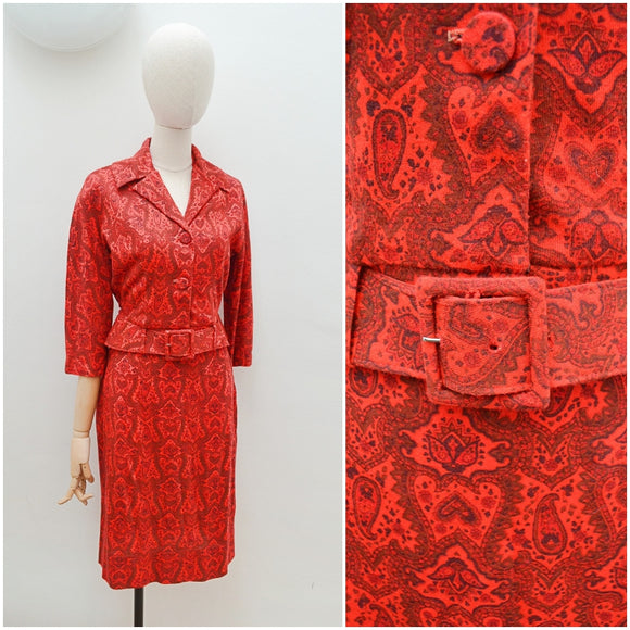 1960s Red paisley jersey peplum jacket skirt suit - Small