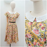 1950s Yellow & pink floral cotton day dress with rhinestone collar - Small