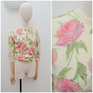 1950s Lambswool & angora rose print Darlene cardigan - Small