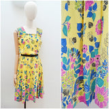 1940s Yellow seersucker cotton sun dress with floral border print - Medium