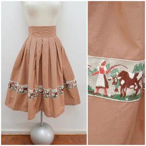 1950s Novelty milkmaid & cow tan cotton high waist skirt - XXS XS