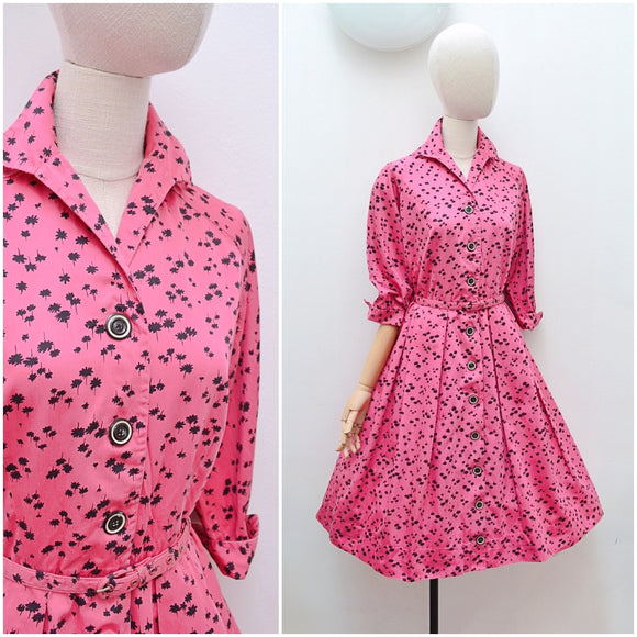 1950s Pink & black cotton shirt dress - Large