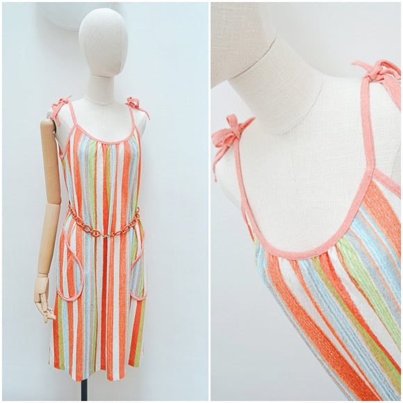 1970s Tie shoulder towelling beach dress - Small Medium