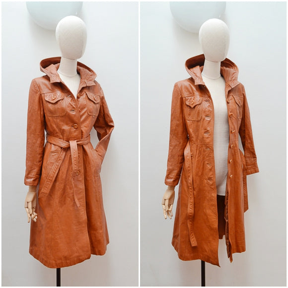 1970s Tan leather belted coat with hood - Extra small Small