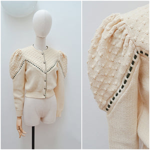 1970s 80s Pure wool Tyrollean puffed shoulder cardigan - S
