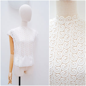 1940s White embroidered lace front rayon blouse - Medium