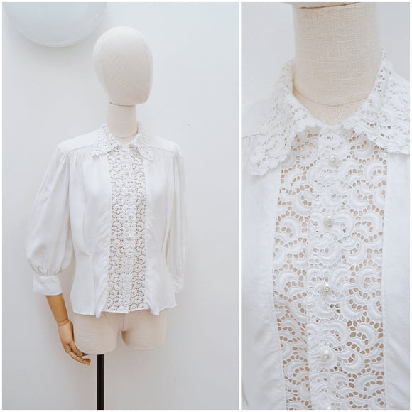 1940s White lace & crepe collared blouse - Volup Plus size